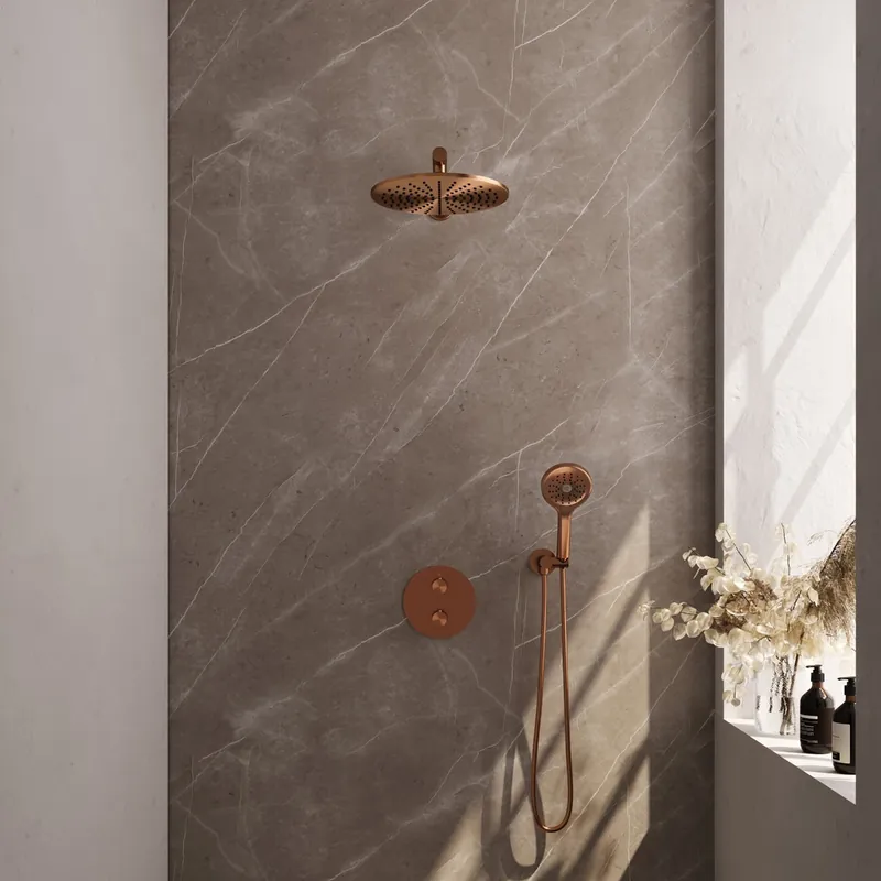 Express Levering Brauer Copper Carving thermostatische inbouw regendouche met 3 standen handdouche, rechte muurarm en hoofddouche 30cm set 80 koper geborsteld PVD