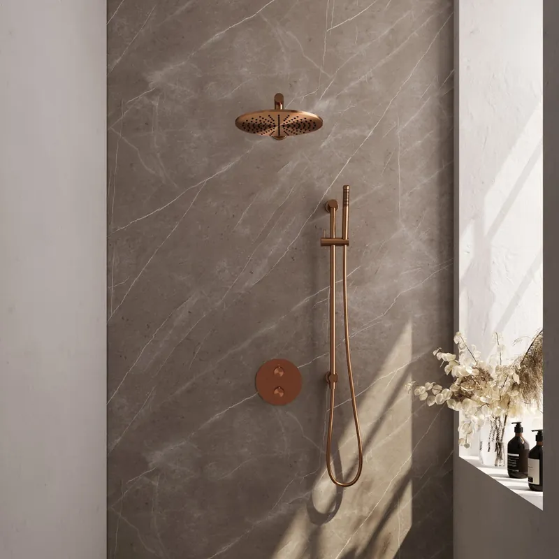 Speciale Aanbieding Brauer Copper Carving thermostatische inbouw regendouche met staafhanddouche, rechte muurarm, glijstang en hoofddouche 30cm set 86 koper geborsteld PVD
