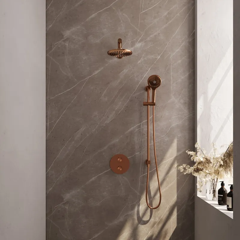 Origineel Brauer Copper Carving thermostatische inbouw regendouche met 3 standen handdouche, rechte muurarm, glijstang en hoofddouche 20cm set 91 koper geborsteld PVD