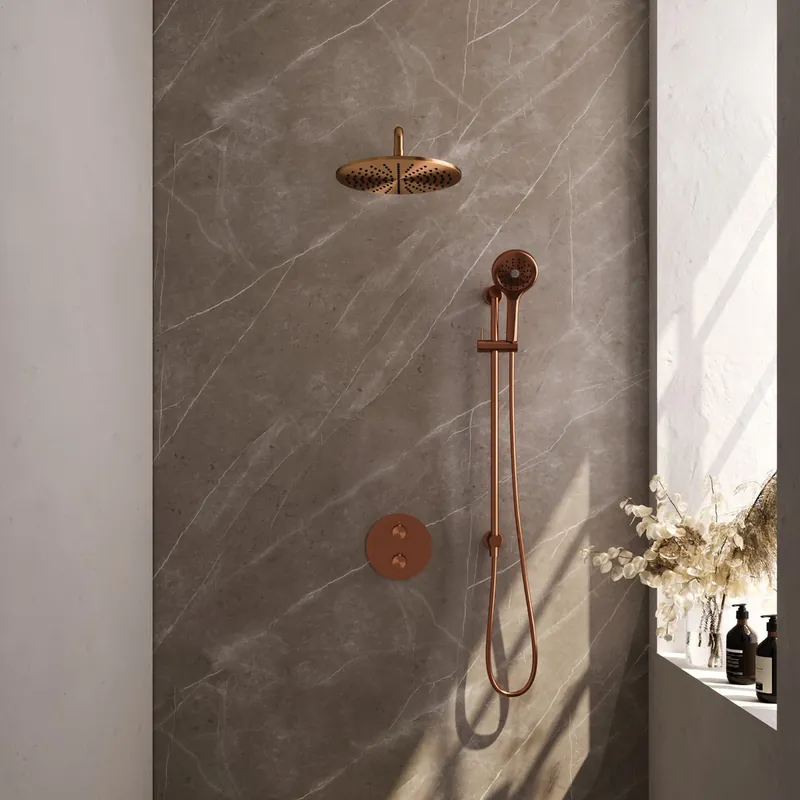 Hoge Kwaliteit Brauer Copper Carving thermostatische inbouw regendouche met 3 standen handdouche, gebogen muurarm, glijstang en hoofddouche 30cm set 94 koper geborsteld PVD