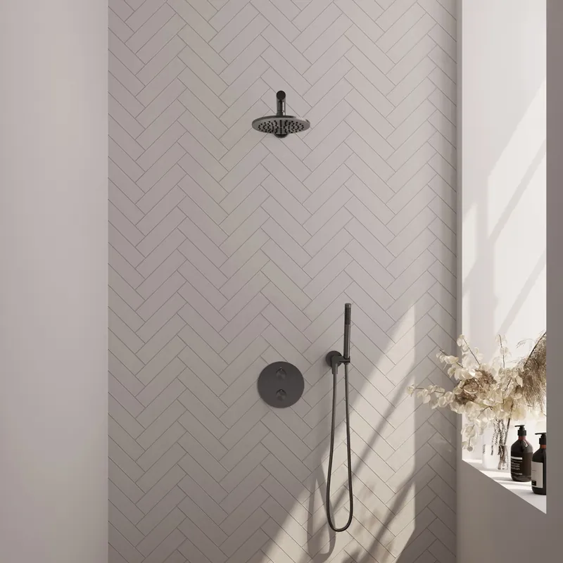 Hoge Kwaliteit Brauer Gunmetal Carving thermostatische inbouw regendouche met staafhanddouche, rechte muurarm en hoofddouche 20cm set 73 gunmetal geborsteld PVD