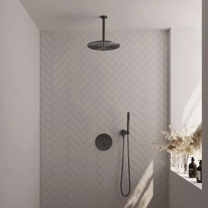 Brauer Gunmetal Carving thermostatische inbouw regendouche met staafhanddouche, plafondarm en hoofddouche 30cm set 78 gunmetal geborsteld PVD Express Levering