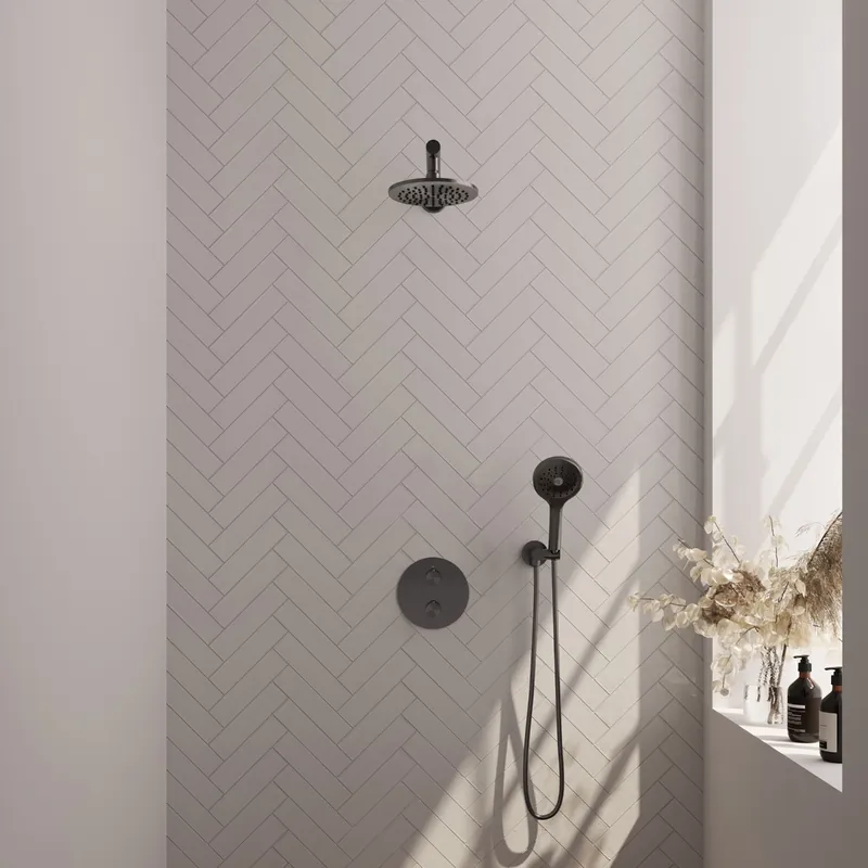 Favoriet Brauer Gunmetal Carving thermostatische inbouw regendouche met 3 standen handdouche, rechte muurarm en hoofddouche 20cm set 79 gunmetal geborsteld PVD