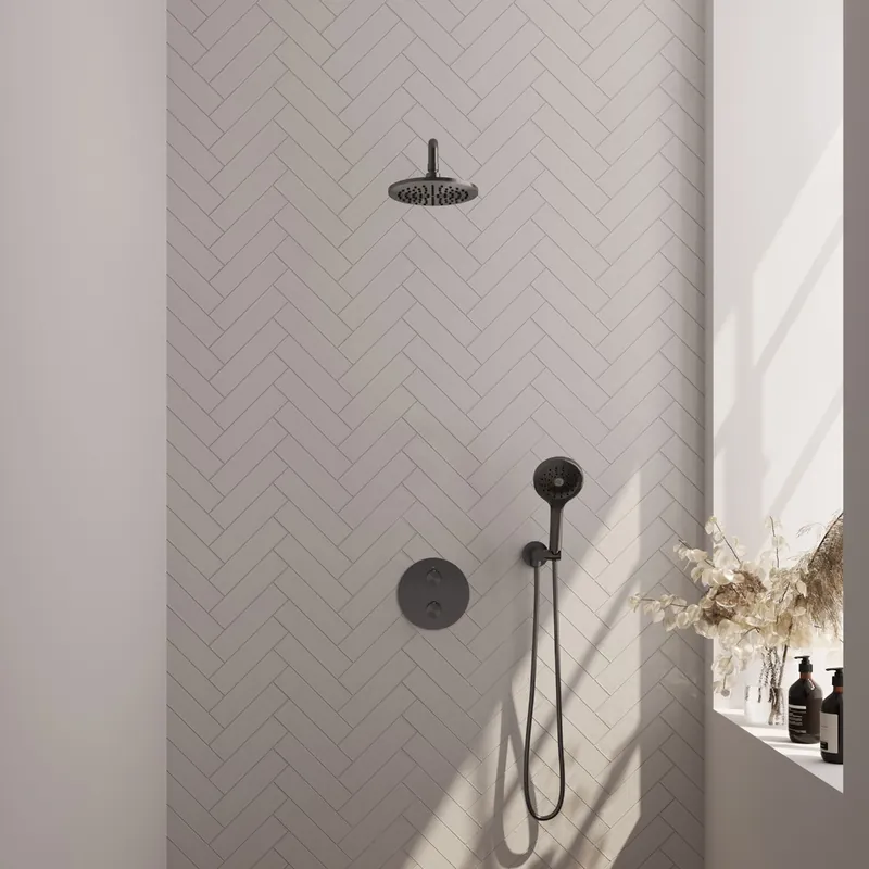 Superprijs Brauer Gunmetal Carving thermostatische inbouw regendouche met 3 standen handdouche, gebogen muurarm en hoofddouche 20cm set 81 gunmetal geborsteld PVD