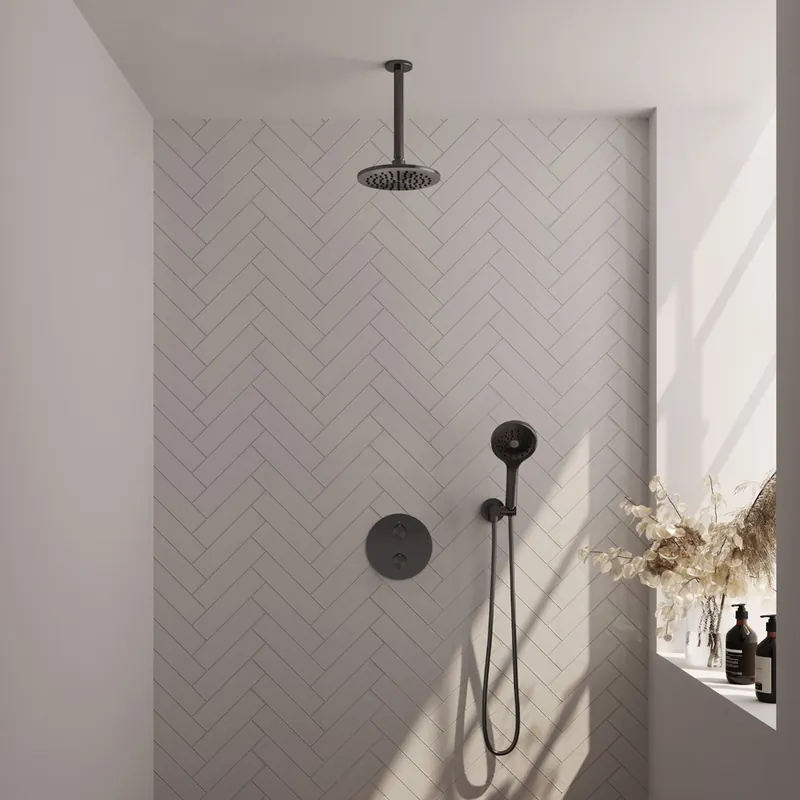 Brauer Gunmetal Carving thermostatische inbouw regendouche met 3 standen handdouche, plafondarm en hoofddouche 20cm set 83 gunmetal geborsteld PVD Koop Vandaag