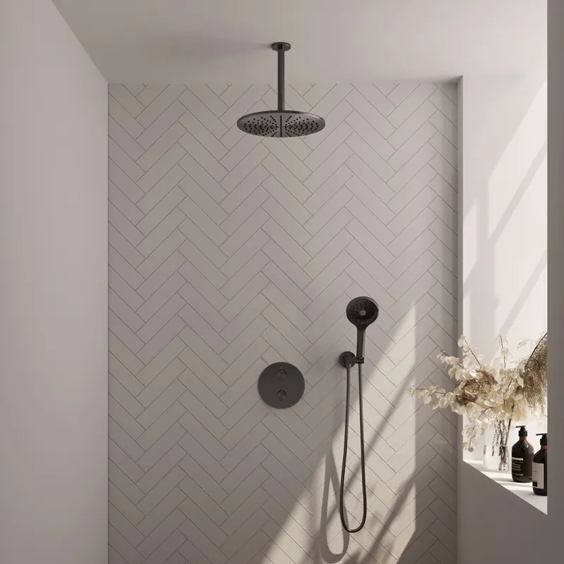 Brauer Gunmetal Carving thermostatische inbouw regendouche met 3 standen handdouche, plafondarm en hoofddouche 30cm set 84 gunmetal geborsteld PVD Origineel