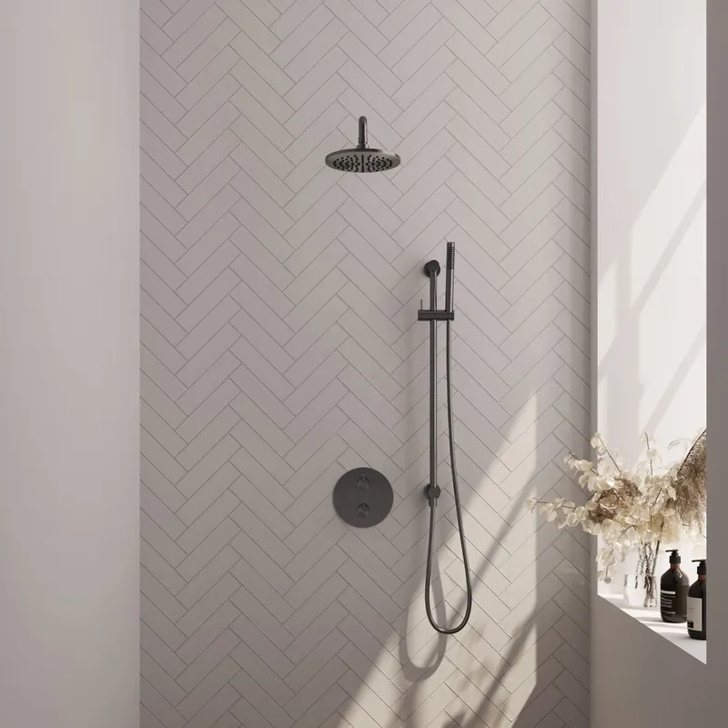 Professioneel Brauer Gunmetal Carving thermostatische inbouw regendouche met staafhanddouche, gebogen muurarm, glijstang en hoofddouche 20cm set 87 gunmetal geborsteld PVD