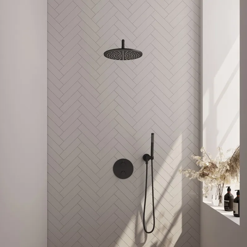 Brauer Black Carving thermostatische inbouw regendouche met staafhanddouche, gebogen muurarm en hoofddouche 30cm set 76 zwart mat Ambachtelijk