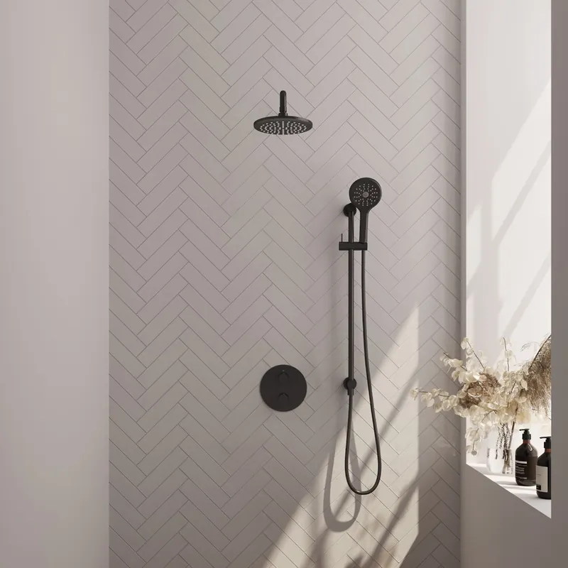 Seizoensaanbieding Brauer Black Carving thermostatische inbouw regendouche met 3 standen handdouche, gebogen muurarm, glijstang en hoofddouche 20cm set 93 zwart mat