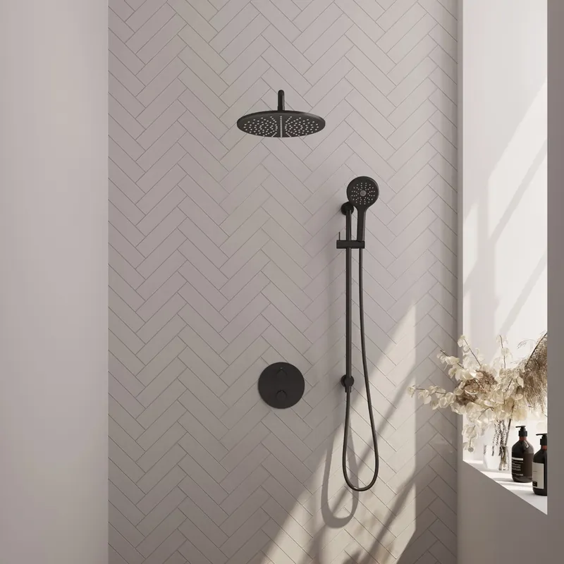 Gratis Retour Brauer Black Carving thermostatische inbouw regendouche met 3 standen handdouche, gebogen muurarm, glijstang en hoofddouche 30cm set 94 zwart mat