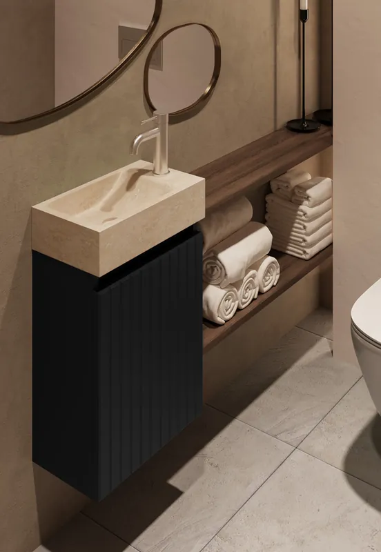 Fontana White Travertin toiletmeubel met ribbelfront 40cm zwart mat Exclusief