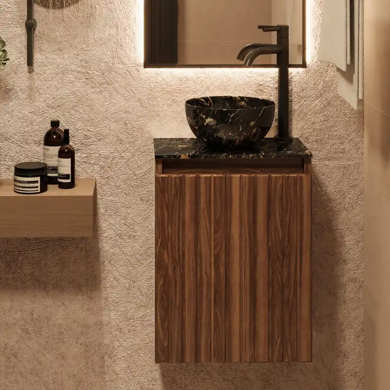 Trendy Fontana Athens Portoro Gold Micro Marble toiletmeubel met ribbelfront 40cm walnoot