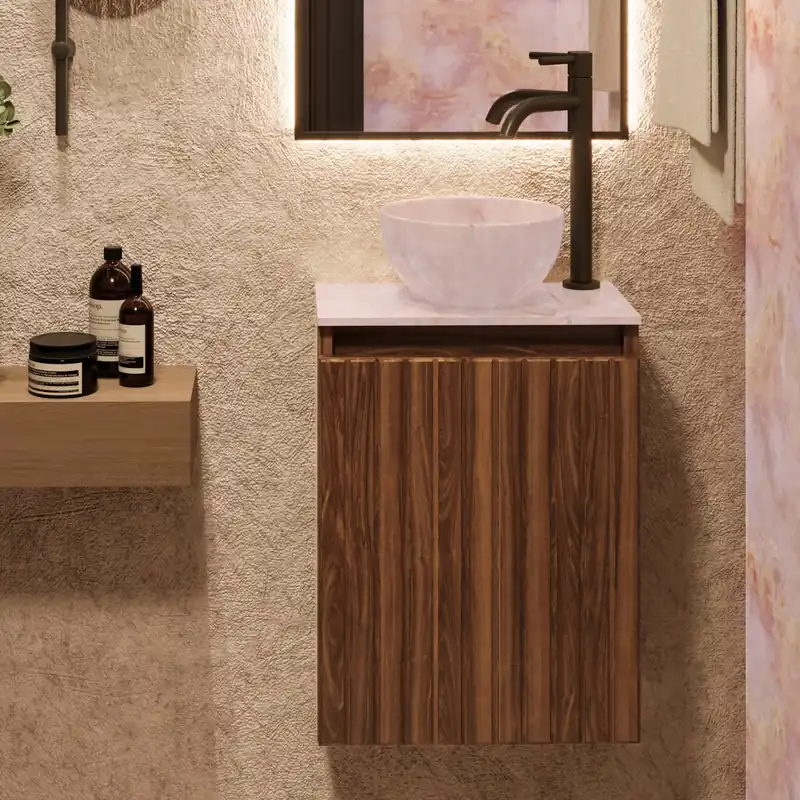 Hoge Kwaliteit Fontana Pink Onyx Micro Marble toiletmeubel met ribbelfront 40cm walnoot