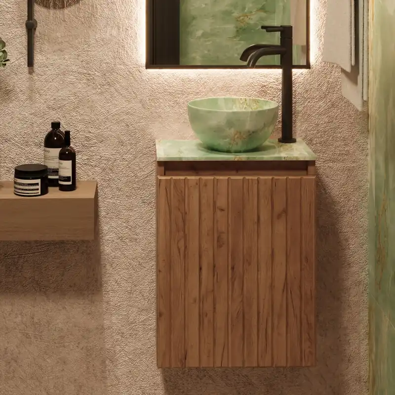 Hete Deal Fontana Green Onyx Micro Marble toiletmeubel met ribbelfront 40cm warm eiken