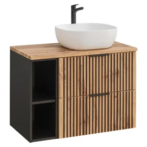 Comad Xilo Black Wotan FSC 80cm badkamermeubel met witte wastafel en kleine onderkast zwart/eiken Hoge Kwaliteit