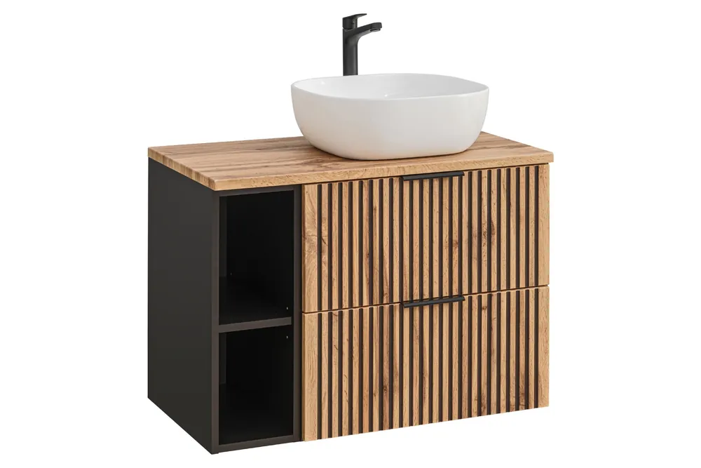 Comad Xilo Black Wotan FSC 80cm badkamermeubel met witte wastafel en kleine onderkast zwart/eiken Hoge Kwaliteit