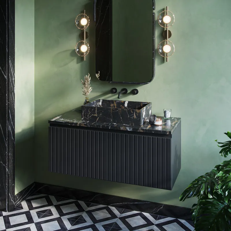 Wereldwijde Verzending Fontana Portoro Gold marmer badmeubel 100cm mat zwart met ribbelfront en toppaneel met rechthoekige waskom