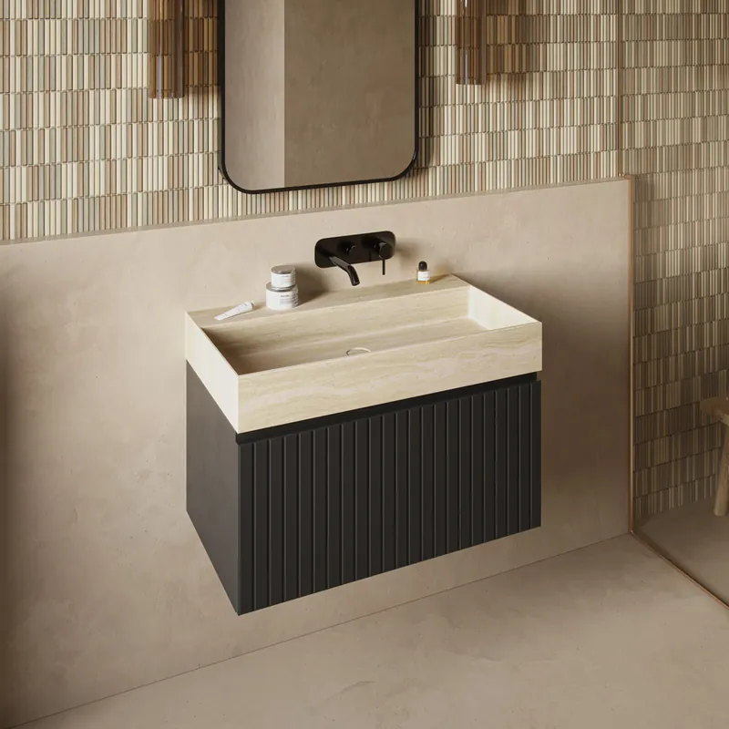 Bestel Nu Fontana White Travertin badmeubel 80cm mat zwart met ribbelfront zonder kraangat