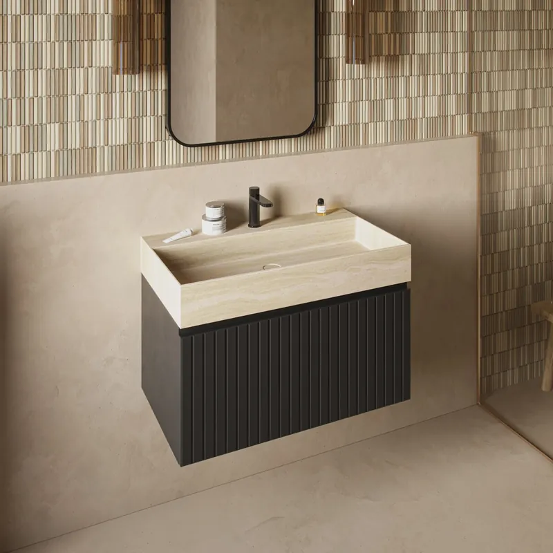 Fontana White Travertin badmeubel 80cm mat zwart met ribbelfront met kraangat Finale Uitverkoop