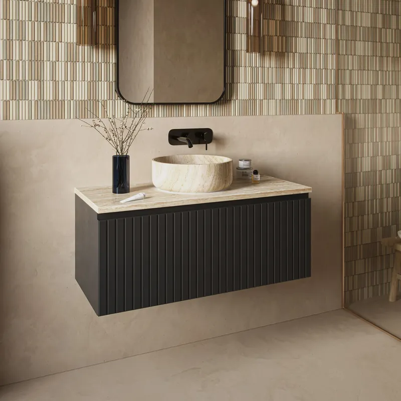 Fontana White Travertin badmeubel 100cm mat zwart met ribbelfront en toppaneel met ronde waskom Premium