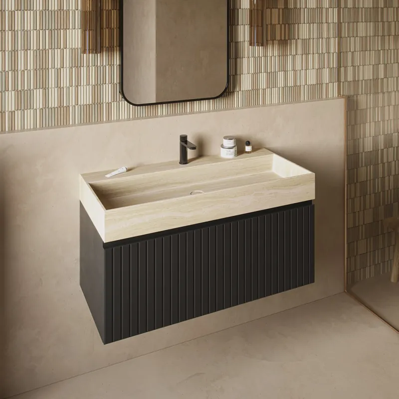 Fontana White Travertin badmeubel 100cm mat zwart met ribbelfront met kraangat Nieuwe Collectie