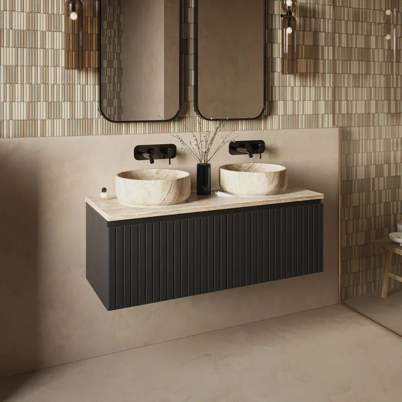 Fontana White Travertin badmeubel 120cm mat zwart met ribbelfront en toppaneel met ronde waskommen Nieuwe Collectie