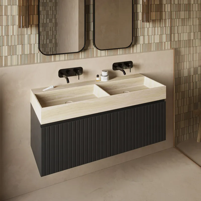 Direct Verzonden Fontana White Travertin badmeubel 120cm mat zwart met ribbelfront zonder kraangat