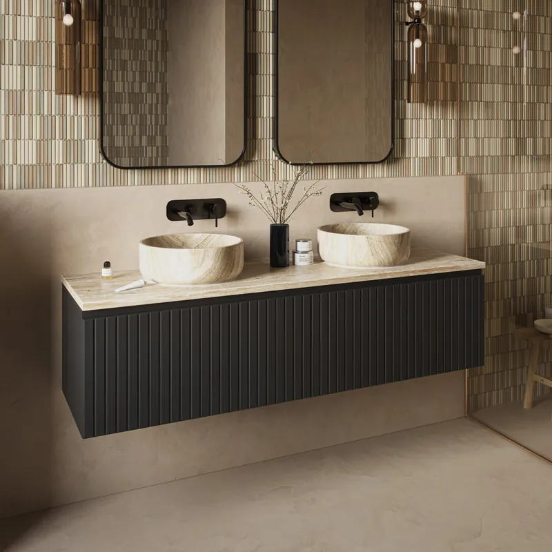 Fontana White Travertin badmeubel 160cm mat zwart met ribbelfront en toppaneel met ronde waskommen Populair