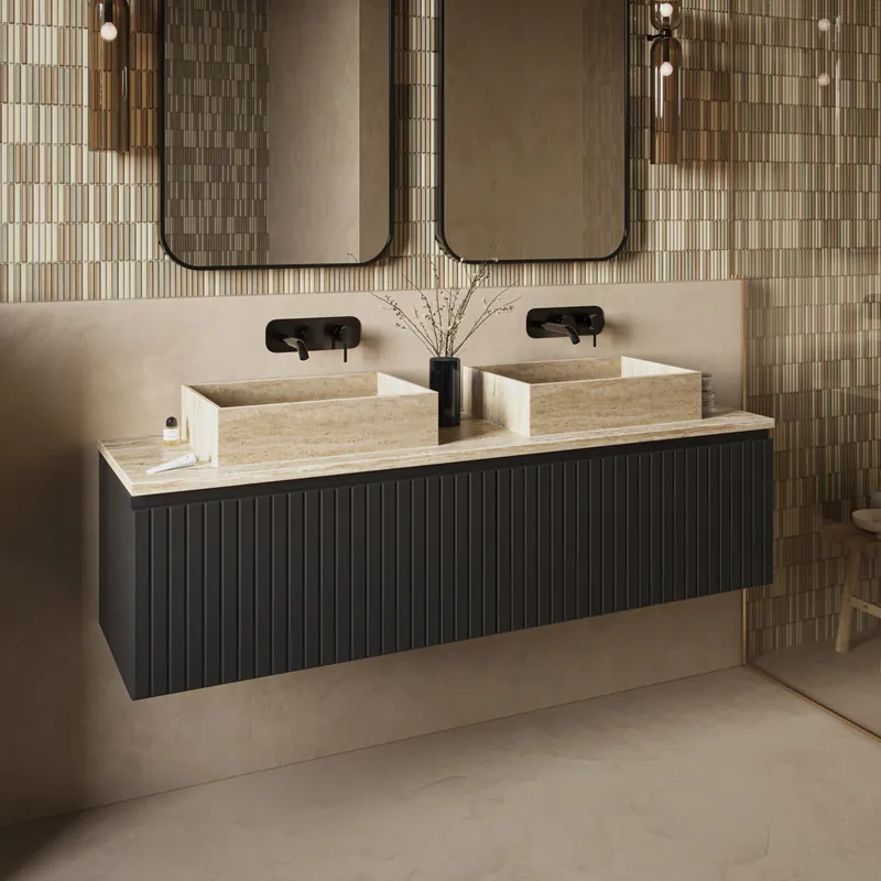 Lage Prijs Fontana White Travertin badmeubel 160cm mat zwart met ribbelfront en toppaneel met rechthoekige waskommen