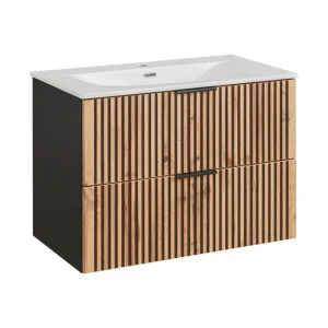 Uitverkoop Comad Xilo Black Wotan FSC badkamermeubel 80cm met witte wastafel 1 kraangat zwart/eiken