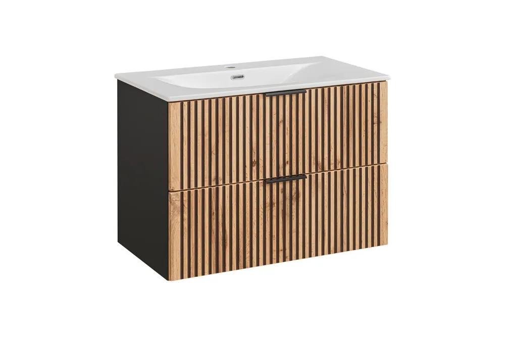 Uitverkoop Comad Xilo Black Wotan FSC badkamermeubel 80cm met witte wastafel 1 kraangat zwart/eiken