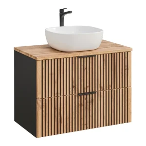 Tijdelijk Beschikbaar Comad Xilo Black Wotan FSC badkamermeubel 80cm met witte waskom zwart/eiken