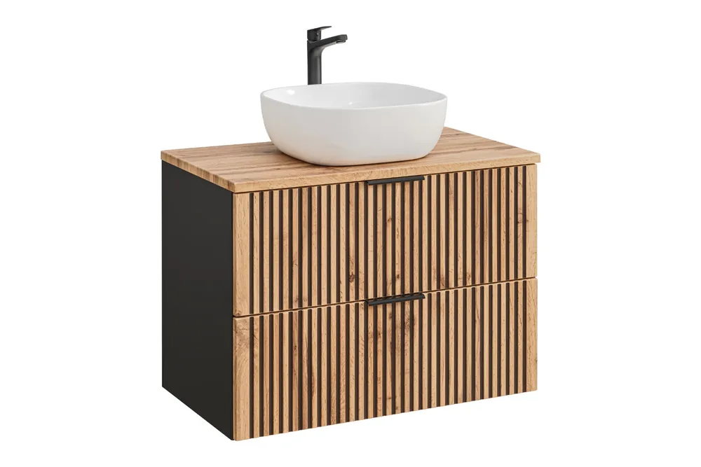 Tijdelijk Beschikbaar Comad Xilo Black Wotan FSC badkamermeubel 80cm met witte waskom zwart/eiken