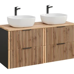 Beperkt Aanbod Comad Xilo Black Wotan FSC badkamermeubel 160cm met 2 witte waskommen zwart/eiken