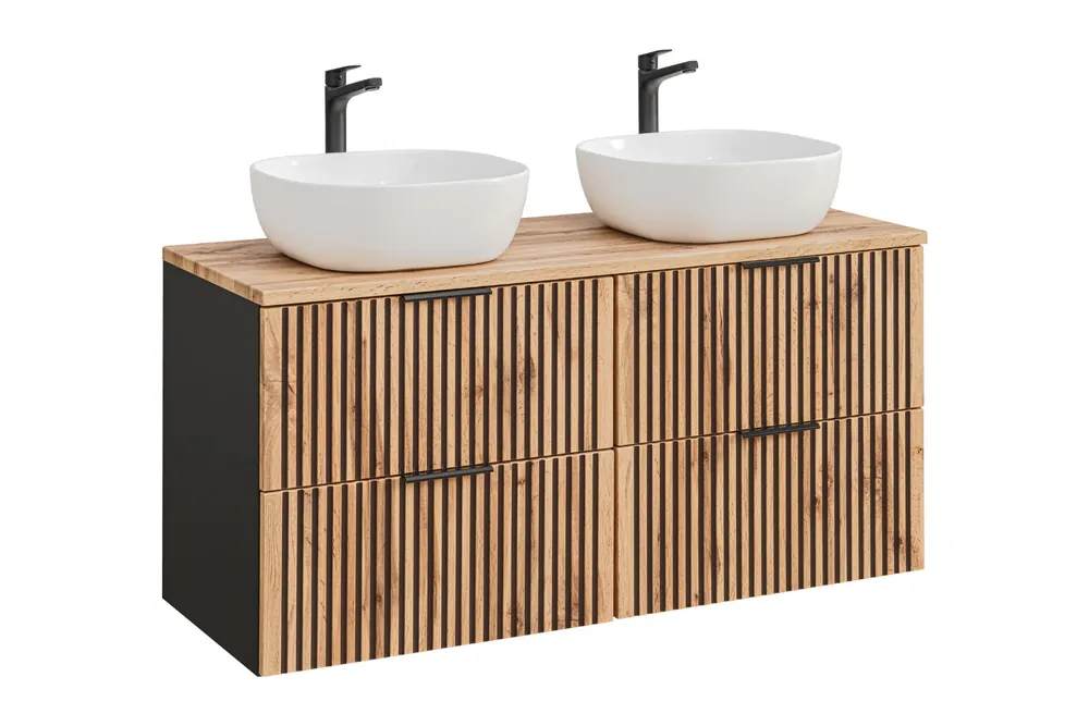 Beperkt Aanbod Comad Xilo Black Wotan FSC badkamermeubel 160cm met 2 witte waskommen zwart/eiken