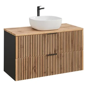 Comad Xilo Black Wotan FSC badkamermeubel 100cm met witte waskom zwart/eiken Uitverkoop