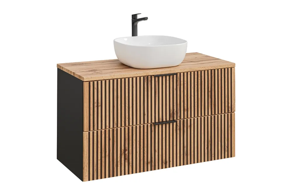 Comad Xilo Black Wotan FSC badkamermeubel 100cm met witte waskom zwart/eiken Uitverkoop