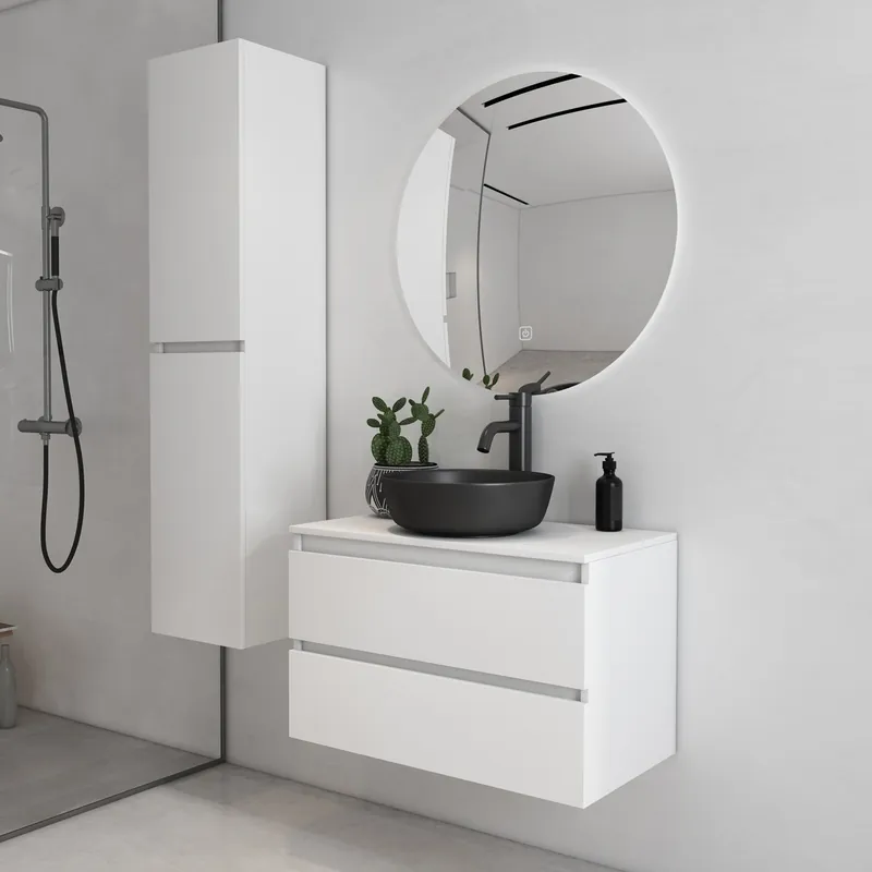 Alleen Vandaag Fontana Proma badkamermeubel 80cm met zwarte waskom en LED spiegel mat wit