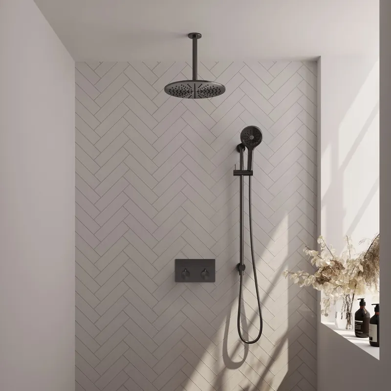 Alleen Vandaag Brauer Gunmetal Edition thermostatische inbouw regendouche met 3 standen handdouche, plafondarm, glijstang en hoofddouche 30cm set 72 gunmetal geborsteld PVD