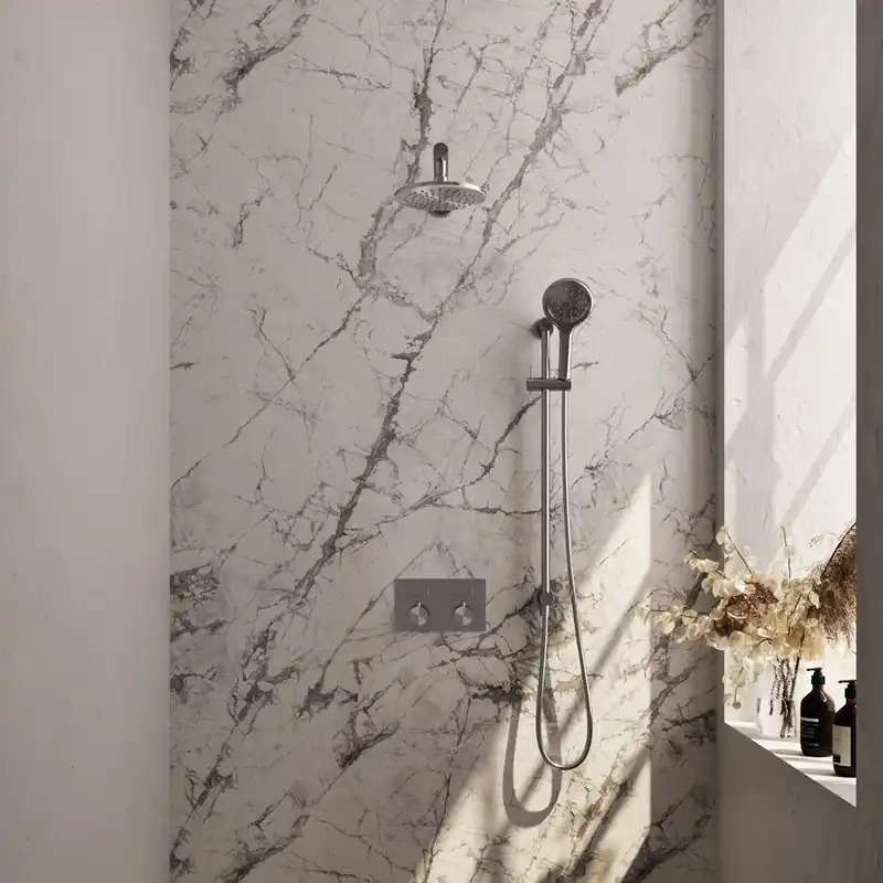 Alleen Vandaag Brauer Brushed Edition thermostatische inbouw regendouche met 3 standen handdouche, rechte muurarm, glijstang en hoofddouche 20cm set 67 RVS geborsteld PVD