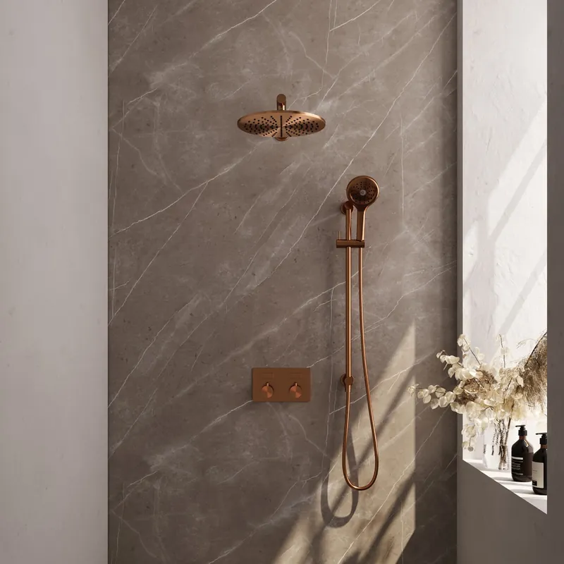 Authentiek Brauer Copper Carving thermostatische inbouw regendouche met 3 standen handdouche, rechte muurarm, glijstang en hoofddouche 30cm set 68 koper geborsteld PVD
