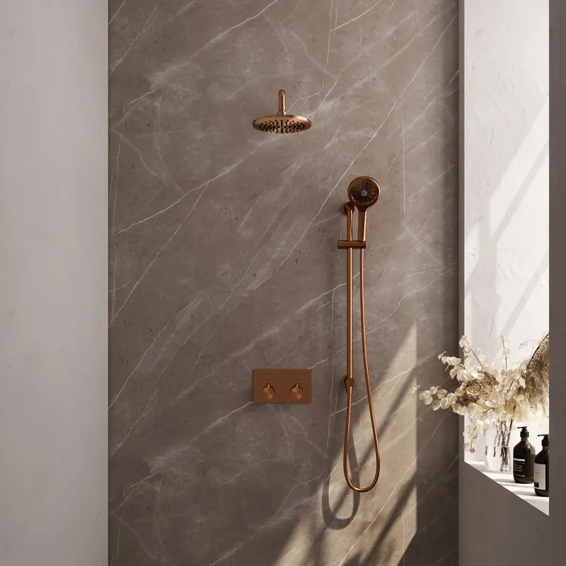 Ambachtelijk Brauer Copper Carving thermostatische inbouw regendouche met 3 standen handdouche, gebogen muurarm, glijstang en hoofddouche 20cm set 69 koper geborsteld PVD