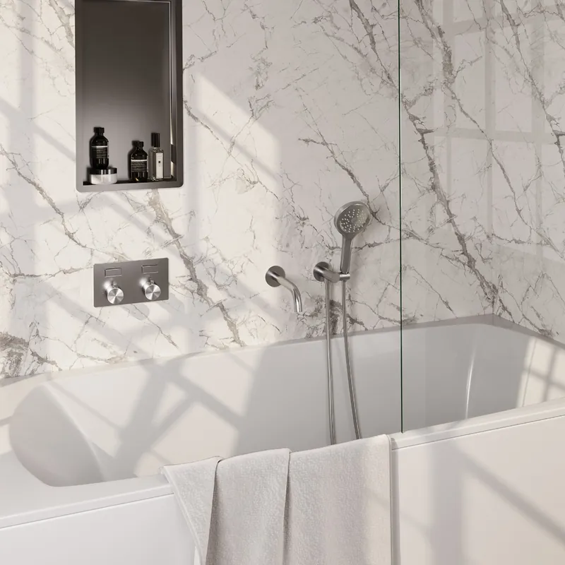 Authentiek Brauer Brushed Edition thermostatische inbouw badkraan met uitloop en 3 standen handdouche set 4 RVS geborsteld PVD