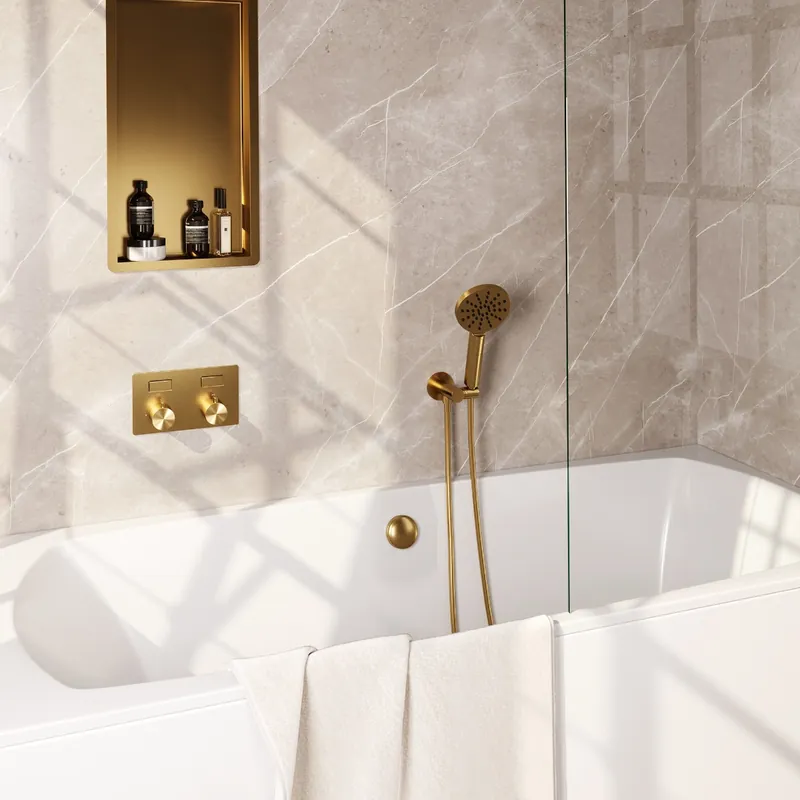 Actieprijs Brauer Gold Carving thermostatische inbouw badkraan met badvulcombinatie en 3 standen handdouche set 4 messing geborsteld PVD
