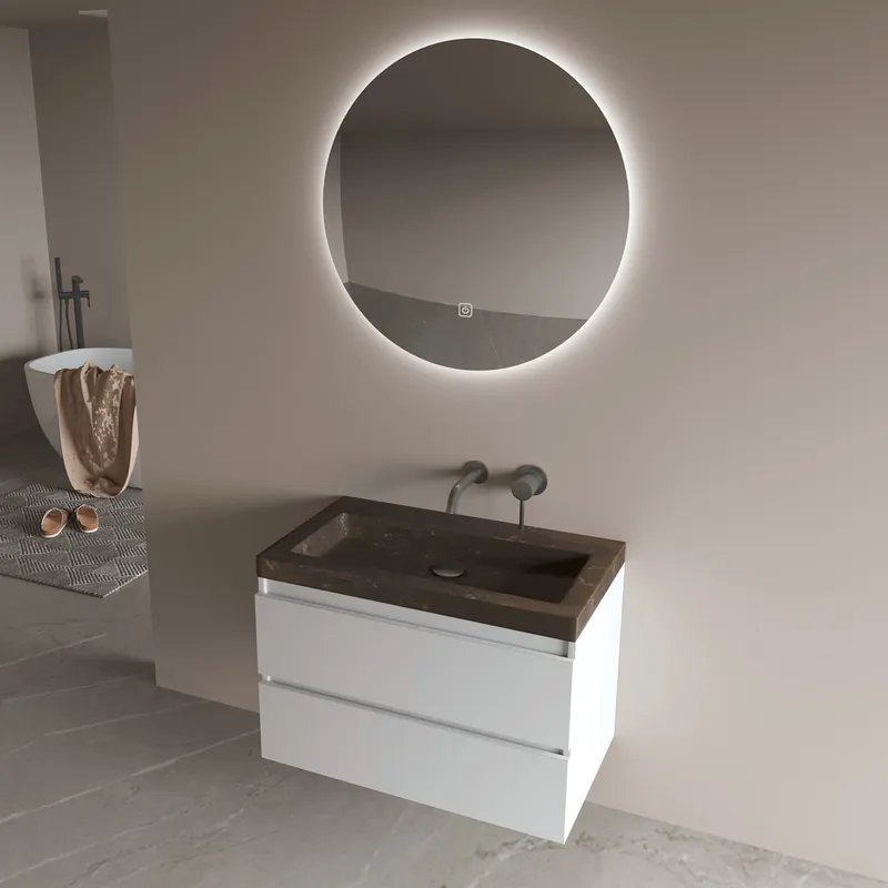 Actieprijs Fontana Freestone badkamermeubel mat wit 80cm met natuurstenen wastafel zonder kraangat en ronde spiegel