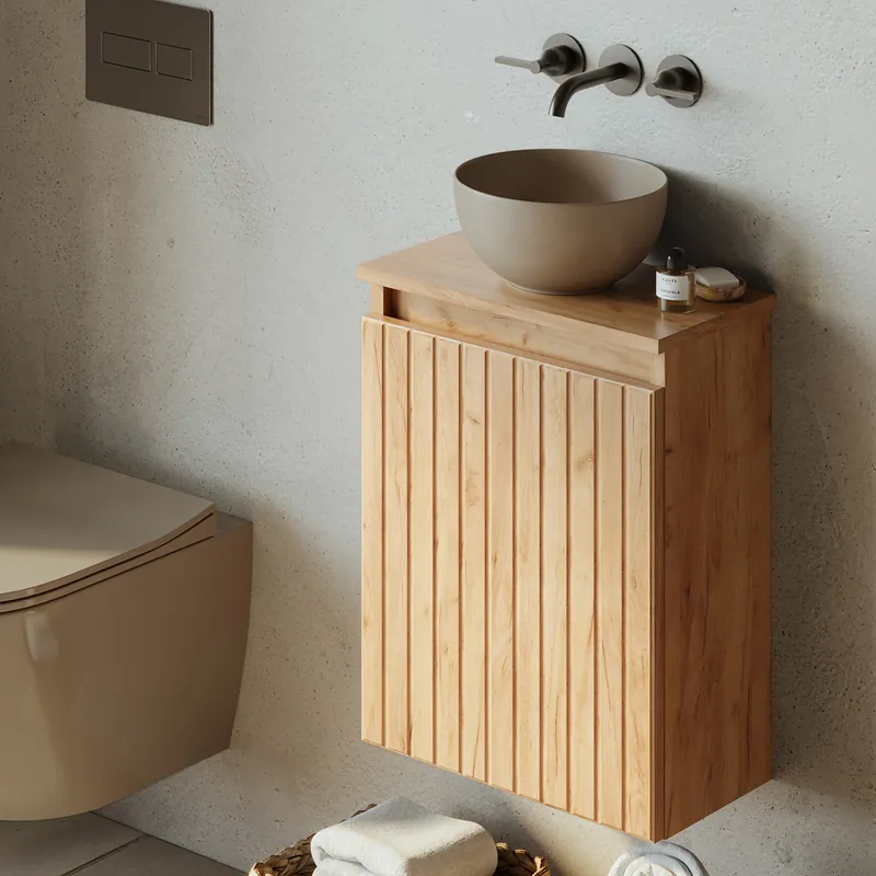 Alleen Vandaag Fontana Bano toiletmeubel ribbelfront warm eiken 40x22cm met waskom in taupe
