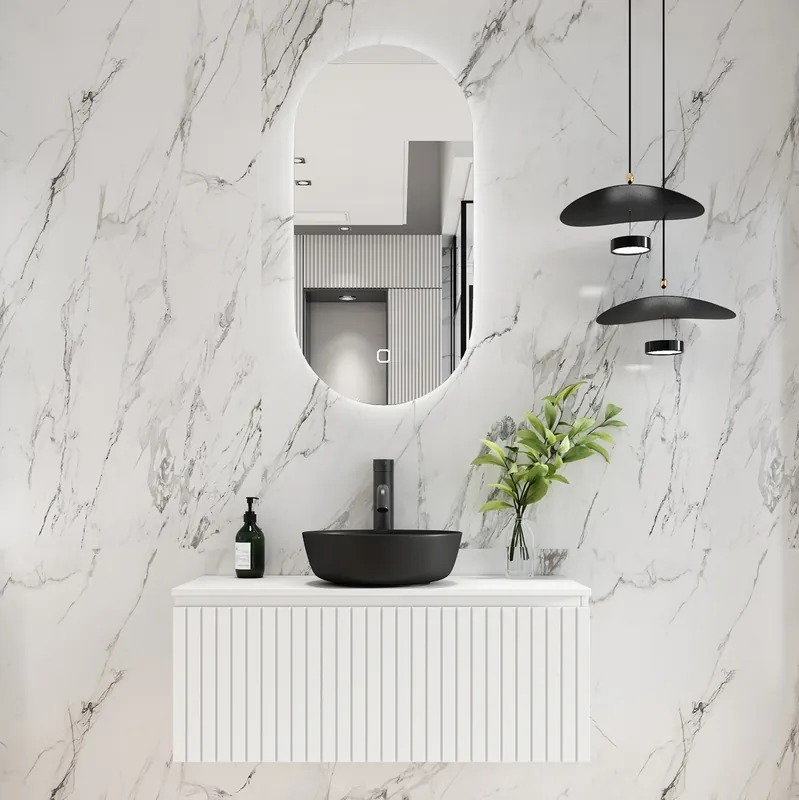Alleen Vandaag Fontana Stripe mat wit badmeubel ribbelfront 100cm met zwarte waskom en ovale LED spiegel