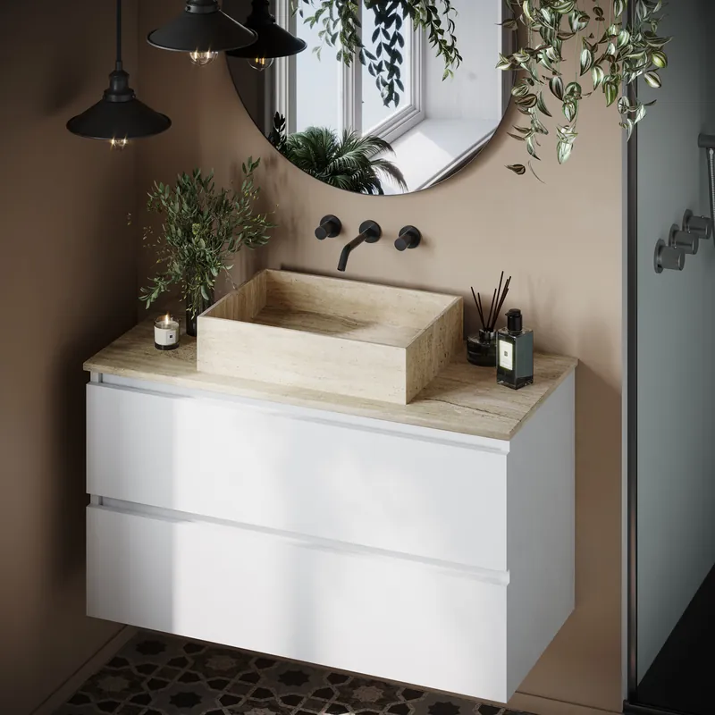 Alleen Vandaag Fontana White Travertin mat wit wastafelmeubel 100cm met toppaneel en rechthoekige waskom