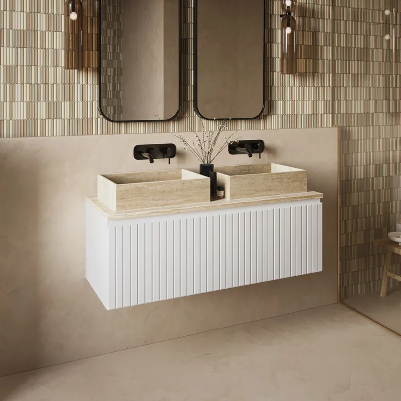 Fontana White Travertin badmeubel 120cm mat wit met ribbelfront en toppaneel met rechthoekige waskommen Fabrieksprijs