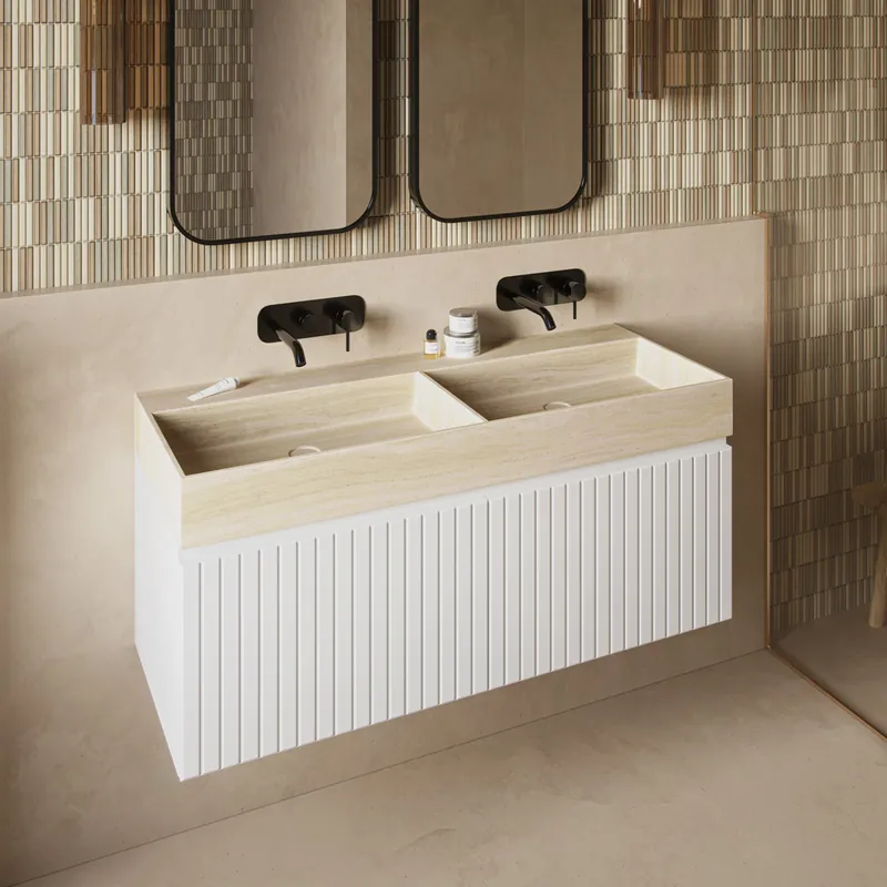 Fontana White Travertin badmeubel 120cm mat wit met ribbelfront zonder kraangat Geld-Terug-Garantie